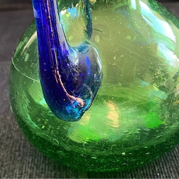 Handblown Artisan Glass Vase Blue and Green 7.25in - Picture 5 of 15